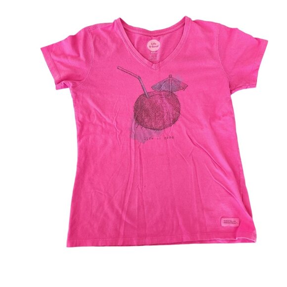 Life Is Good T-Shirt Coconut Drink Pina‎ Colada Graphic Womens Small FLAW READ - Picture 1 of 11
